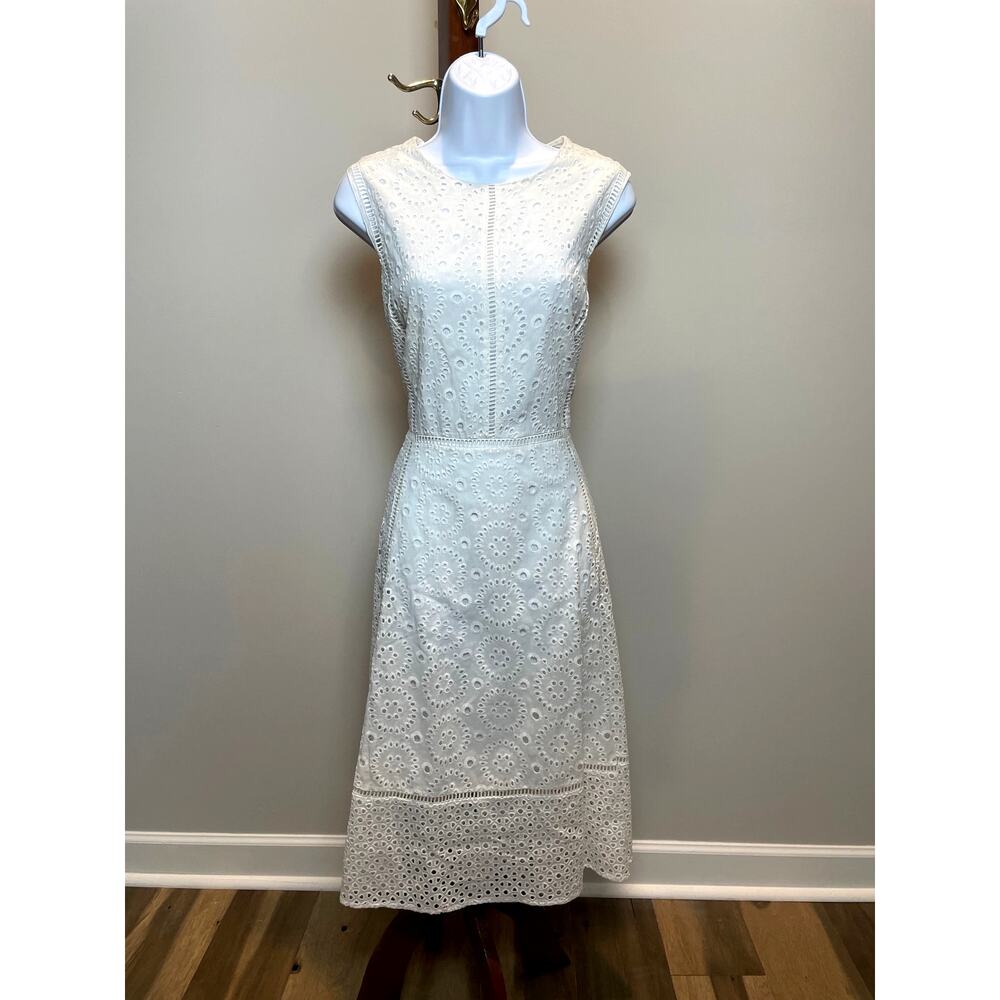 DKNY Eyelet Embroidered Fit and Flare Sleeveless Dress Size 12 White Cotton